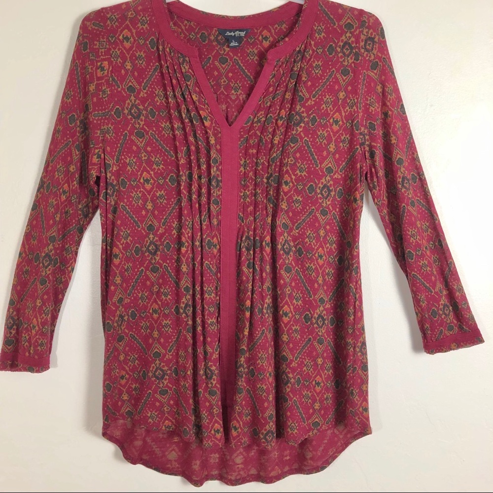 Lucky Brand Red Printed V-Neck Pleated Women's Top